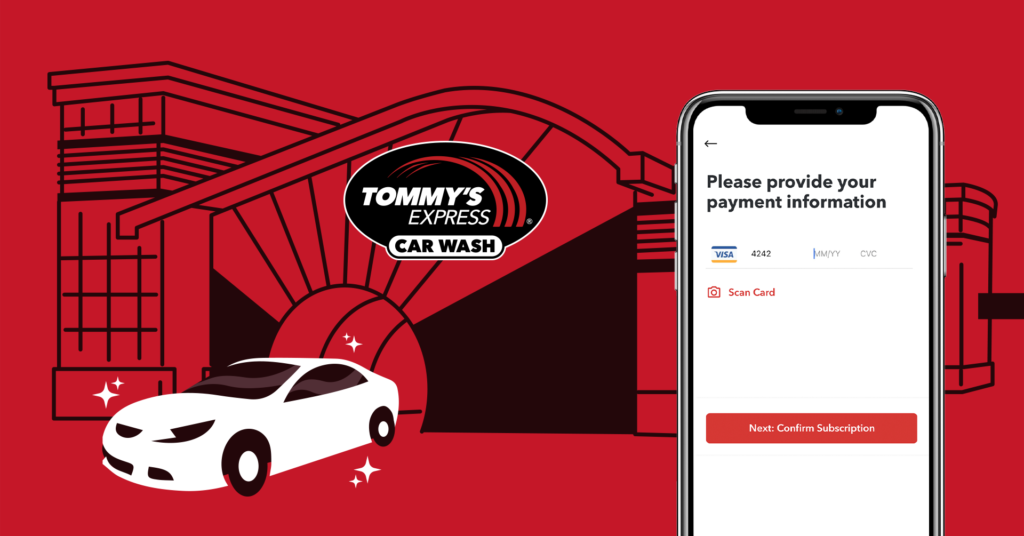 Drawing of a car leaving Tommy's Express with an image of where in the app to add payment information.