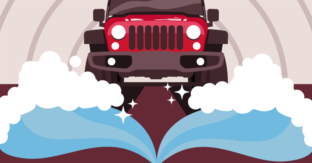 Cartoon of a jeep going through the arches with the Underbody Flush
