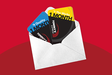 graphic with tommy's express gift cards in an envelope